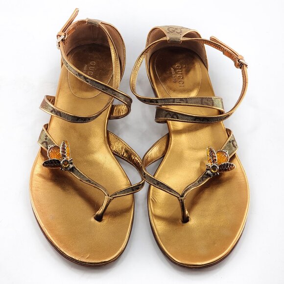 GUCCI Gold Leather Bumblebee Thong Sandal - Picture 3 of 13